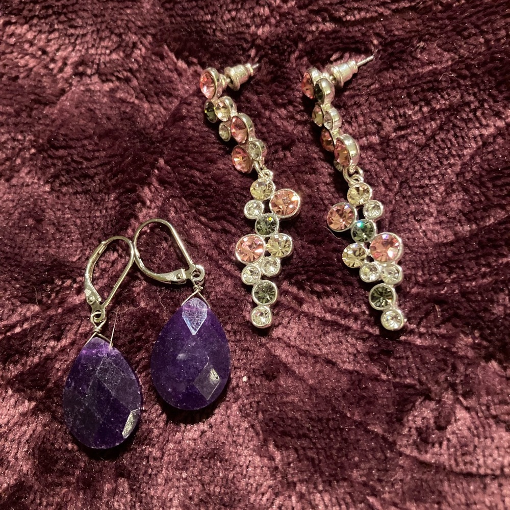 Two pair of costume jewelry earrings, one genuine amethyst and multicolor CZ